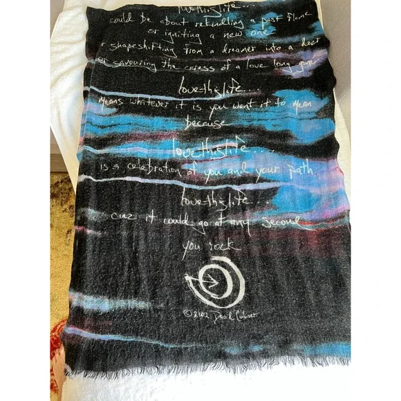 Vintage Womens Long Scarf Shawl 2002 Fred Coburn poem love this life 26X70 - Picture 3 of 3